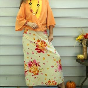 Vintage linen floral maxi skirt orange pink beige 6 8